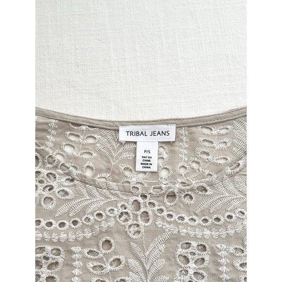 Tribal Jeans Women’s Embroidered Eyelet Blouse Size‎ M  Feminine Summer Oatmeal - Picture 3 of 8
